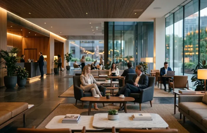 GEMA freie Musik für Gewerbe – ruhige Atmosphäre in Hotel Lounge mit Hintergrundmusik